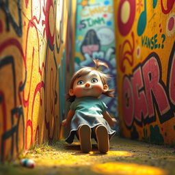 A surreal and imaginative scene featuring a whimsical character, a young girl with playful expressions, facing a bright colorful wall filled with abstract patterns and vibrant graffiti