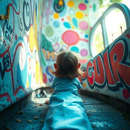 A surreal and imaginative scene featuring a whimsical character, a young girl with playful expressions, facing a bright colorful wall filled with abstract patterns and vibrant graffiti