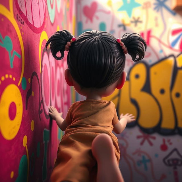 A surreal and imaginative scene featuring a whimsical character, a young girl with playful expressions, facing a bright colorful wall filled with abstract patterns and vibrant graffiti