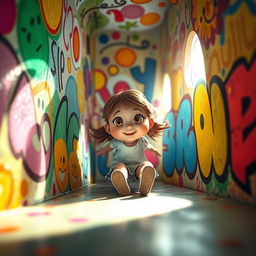 A surreal and imaginative scene featuring a whimsical character, a young girl with playful expressions, facing a bright colorful wall filled with abstract patterns and vibrant graffiti