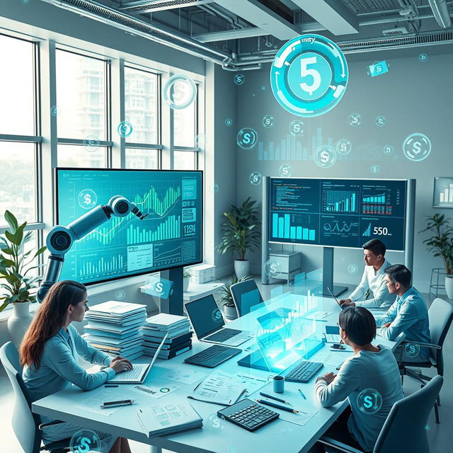 A visually engaging representation of artificial intelligence in accounting, showcasing a modern office environment filled with advanced technology