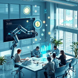 A visually engaging representation of artificial intelligence in accounting, showcasing a modern office environment filled with advanced technology