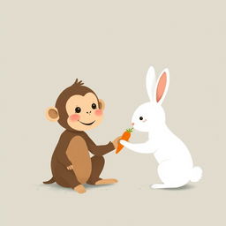 A cute brown baby monkey sitting on the ground waving its hand, with an adorable little white rabbit handing a carrot to the monkey