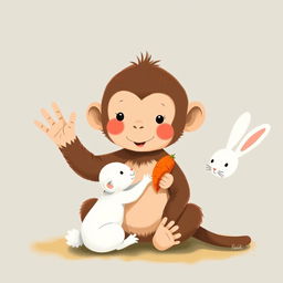 A cute brown baby monkey sitting on the ground waving its hand, with an adorable little white rabbit handing a carrot to the monkey