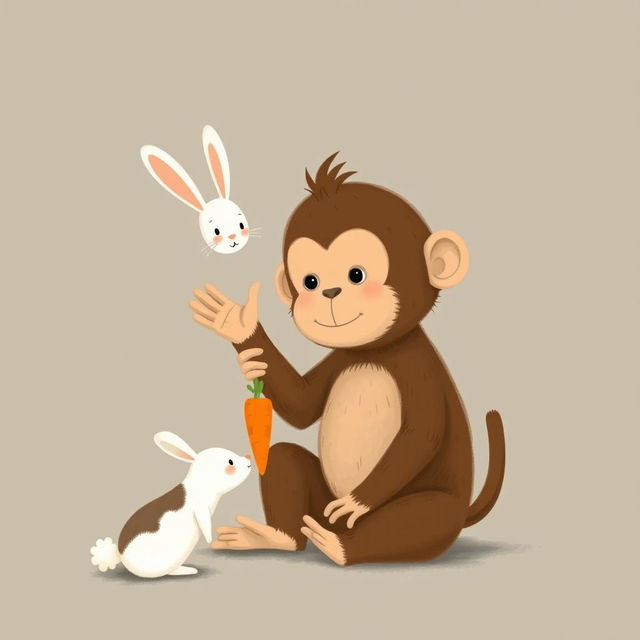 A cute brown baby monkey sitting on the ground waving its hand, with an adorable little white rabbit handing a carrot to the monkey