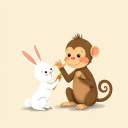 A cute brown baby monkey sitting on the ground waving its hand, with an adorable little white rabbit handing a carrot to the monkey