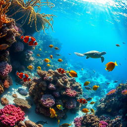 An underwater scene showcasing a vibrant reef teeming with colorful fish
