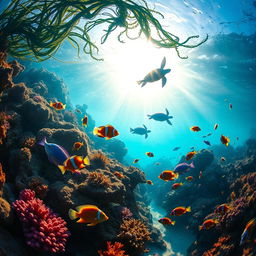 An underwater scene showcasing a vibrant reef teeming with colorful fish