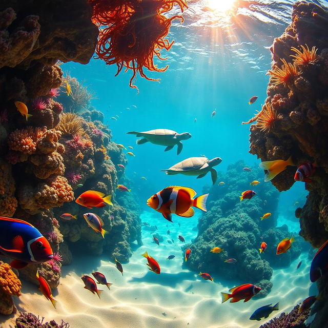 An underwater scene showcasing a vibrant reef teeming with colorful fish