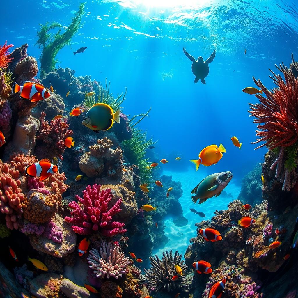 An underwater scene showcasing a vibrant reef teeming with colorful fish