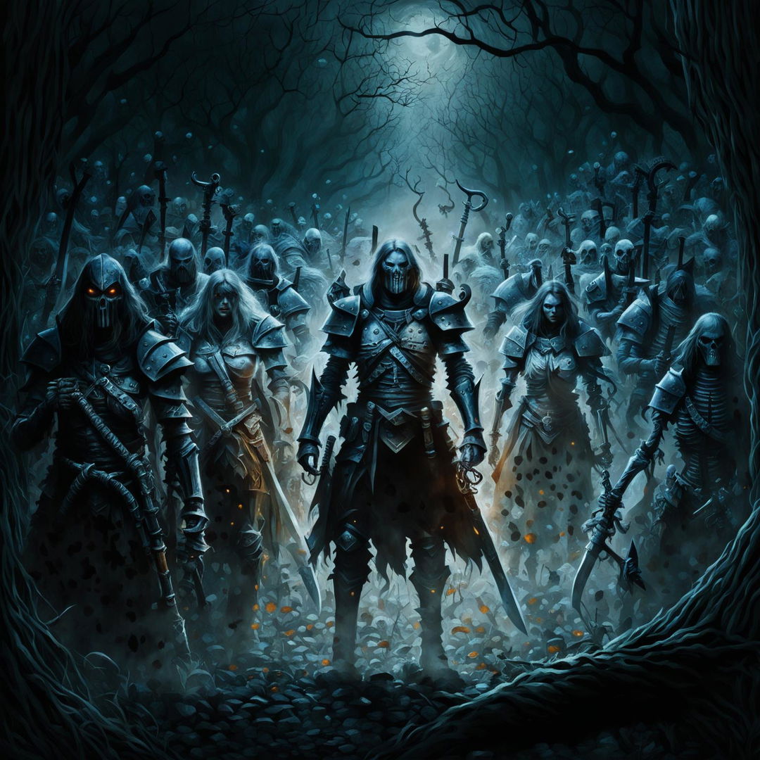 This digital art image depicts a group of brave warriors preparing to battle a horde of undead creatures in a dark, foreboding forest