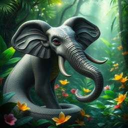 A fantastical hybrid creature that combines the features of a snake and an elephant