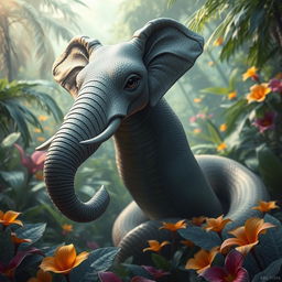 A fantastical hybrid creature that combines the features of a snake and an elephant