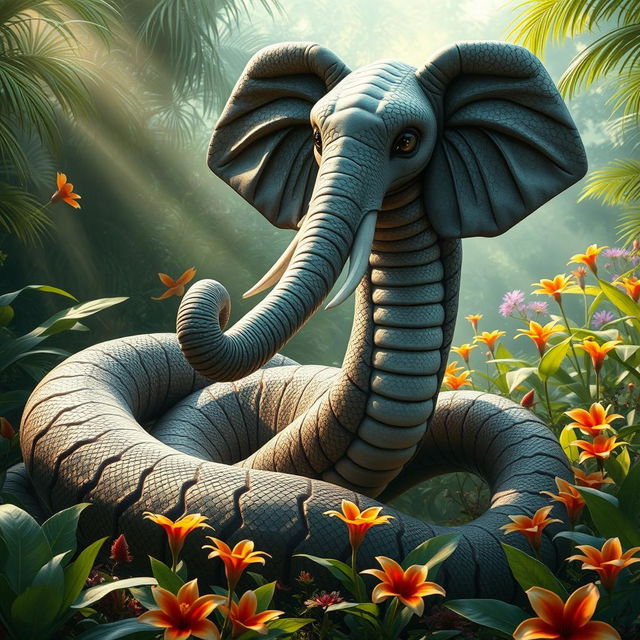 A fantastical hybrid creature that combines the features of a snake and an elephant