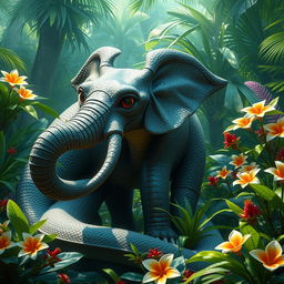 A fantastical hybrid creature that combines the features of a snake and an elephant