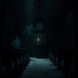 A dark and eerie courtroom, filled with shadows and ominous lighting