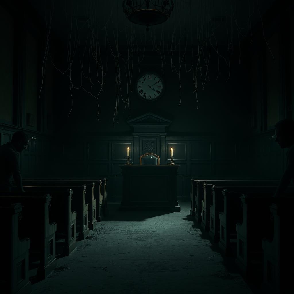 A dark and eerie courtroom, filled with shadows and ominous lighting
