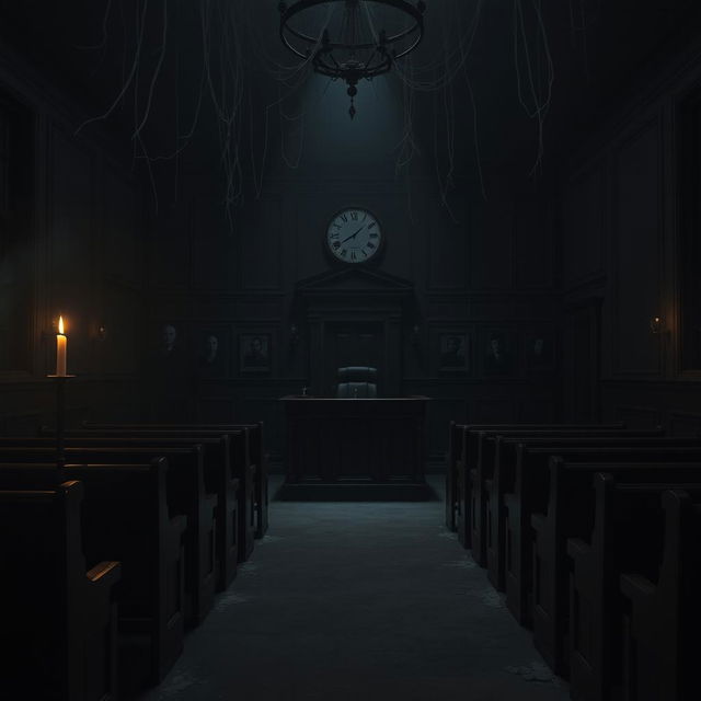 A dark and eerie courtroom, filled with shadows and ominous lighting