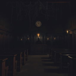 A dark and eerie courtroom, filled with shadows and ominous lighting
