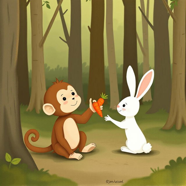 In a forest setting, a cute brown baby monkey is sitting on the ground waving its hand, while an adorable little white rabbit is handing a carrot to the monkey