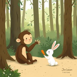 In a forest setting, a cute brown baby monkey is sitting on the ground waving its hand, while an adorable little white rabbit is handing a carrot to the monkey