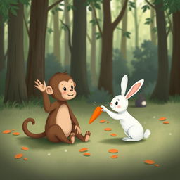 In a forest setting, a cute brown baby monkey is sitting on the ground waving its hand, while an adorable little white rabbit is handing a carrot to the monkey