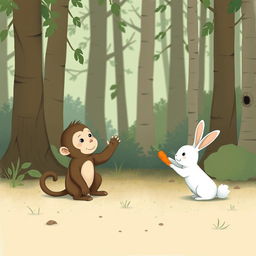 In a forest setting, a cute brown baby monkey is sitting on the ground waving its hand, while an adorable little white rabbit is handing a carrot to the monkey