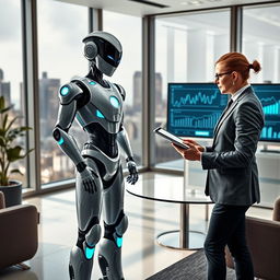 A futuristic scene featuring a sleek, humanoid robot standing next to a human accountant in a modern office setting