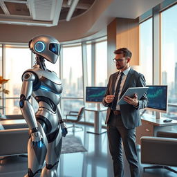 A futuristic scene featuring a sleek, humanoid robot standing next to a human accountant in a modern office setting
