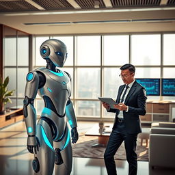 A futuristic scene featuring a sleek, humanoid robot standing next to a human accountant in a modern office setting