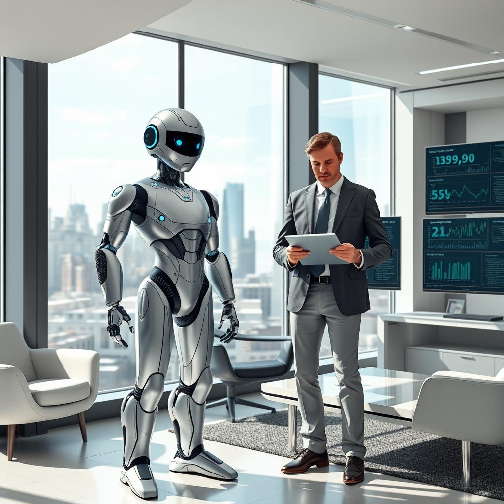 A futuristic scene featuring a sleek, humanoid robot standing next to a human accountant in a modern office setting