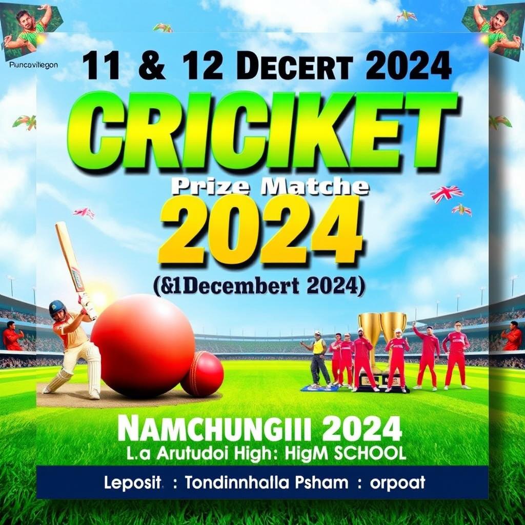 A vibrant and exciting poster design for a cricket match prize money competition featuring a thrilling cricket scene with players in action, a large cricket ball and some trophies symbolizing the prize money