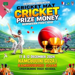 A vibrant and exciting poster design for a cricket match prize money competition featuring a thrilling cricket scene with players in action, a large cricket ball and some trophies symbolizing the prize money