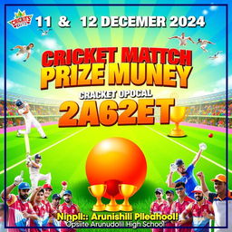 A vibrant and exciting poster design for a cricket match prize money competition featuring a thrilling cricket scene with players in action, a large cricket ball and some trophies symbolizing the prize money