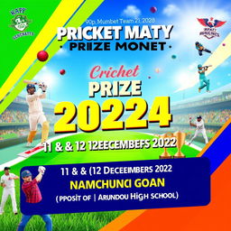 A vibrant and exciting poster design for a cricket match prize money competition featuring a thrilling cricket scene with players in action, a large cricket ball and some trophies symbolizing the prize money