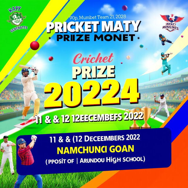 A vibrant and exciting poster design for a cricket match prize money competition featuring a thrilling cricket scene with players in action, a large cricket ball and some trophies symbolizing the prize money