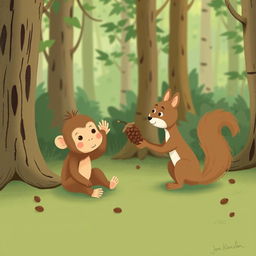 In a forest setting, a cute brown baby monkey is sitting on the ground waving its hand, while an adorable little squirrel is handing a pine cone to the monkey