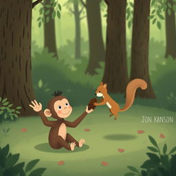 In a forest setting, a cute brown baby monkey is sitting on the ground waving its hand, while an adorable little squirrel is handing a pine cone to the monkey