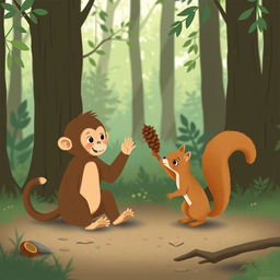 In a forest setting, a cute brown baby monkey is sitting on the ground waving its hand, while an adorable little squirrel is handing a pine cone to the monkey