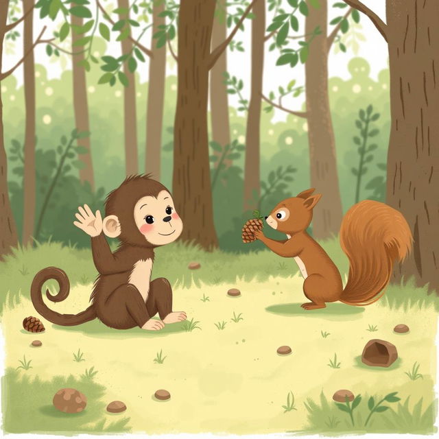 In a forest setting, a cute brown baby monkey is sitting on the ground waving its hand, while an adorable little squirrel is handing a pine cone to the monkey