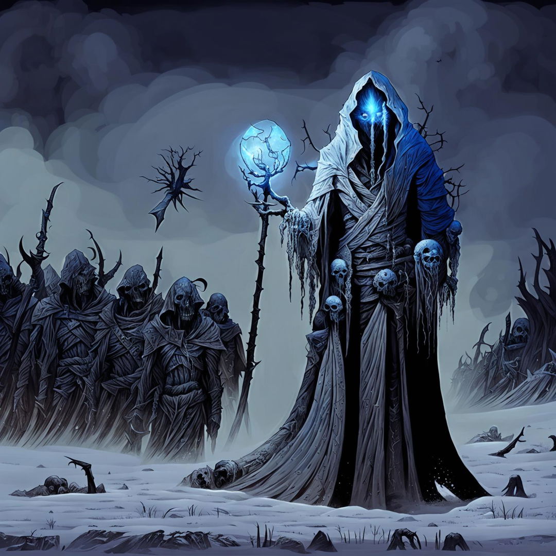 A high-quality digital art image depicting a powerful necromancer in a frozen wasteland, surrounded by a swarm of reanimated corpses