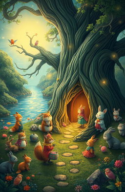 A fantastical scene depicting a vibrant fable world, filled with whimsical creatures and lush greenery