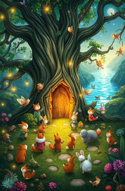 A fantastical scene depicting a vibrant fable world, filled with whimsical creatures and lush greenery