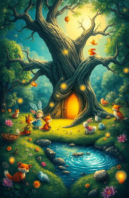 A fantastical scene depicting a vibrant fable world, filled with whimsical creatures and lush greenery