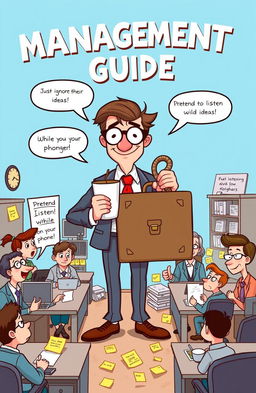 A whimsical and engaging illustration of a management guide, featuring a cartoonish character representing a manager with comically exaggerated features like a super-sized coffee cup and a huge, outdated briefcase