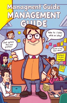 A whimsical and engaging illustration of a management guide, featuring a cartoonish character representing a manager with comically exaggerated features like a super-sized coffee cup and a huge, outdated briefcase