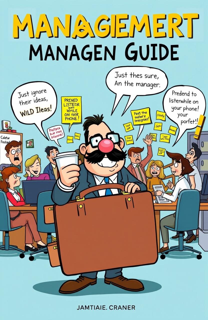 A whimsical and engaging illustration of a management guide, featuring a cartoonish character representing a manager with comically exaggerated features like a super-sized coffee cup and a huge, outdated briefcase