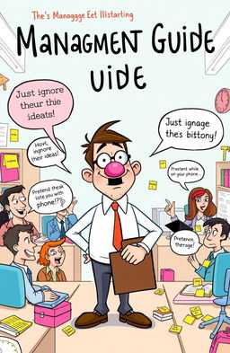 A whimsical and engaging illustration of a management guide, featuring a cartoonish character representing a manager with comically exaggerated features like a super-sized coffee cup and a huge, outdated briefcase