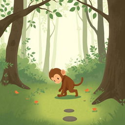In a forest setting, a cute brown baby monkey with its head hanging low is walking along the path home