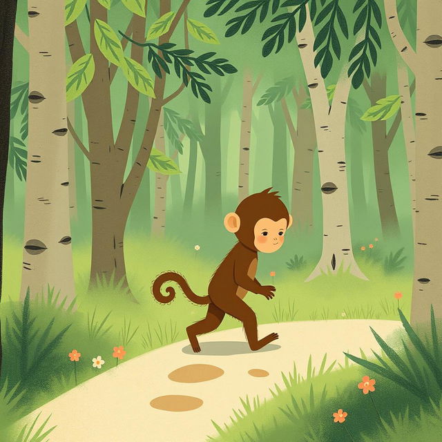 In a forest setting, a cute brown baby monkey with its head hanging low is walking along the path home